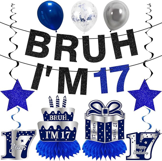 Kuxriox 11Pcs 17th Birthday Decorations for Boys Men, Blue Sliver Happy 17th Birthday Banner, Bruh I'm 17 Balloons Centerpieces Swirls Party Supplies, Seventeen Bday Banner Ceiling Table Topper Sign