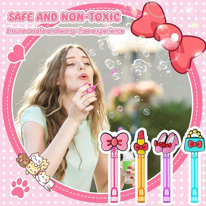 RoundFunny 24 Pcs Mini Bubble Wands Kitty Themed Party Kawaii Bubbles Sticks Wands for Cute Cartoon Bow Kitten Cat Theme Birthday Party Decoration Supplies Goodie Gift Bag Outdoor Activity