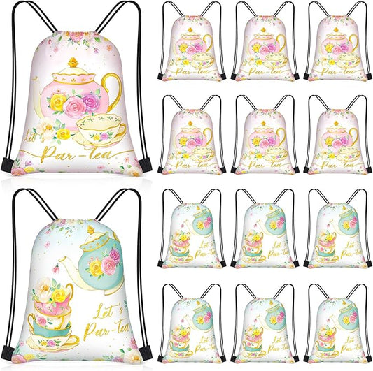 Censen 24 Pcs Tea Party Drawstring Bags Set Bulk 12 x 10 Inch Spring Themed Bags for Girls Boys Kid Birthday Baby Shower Party