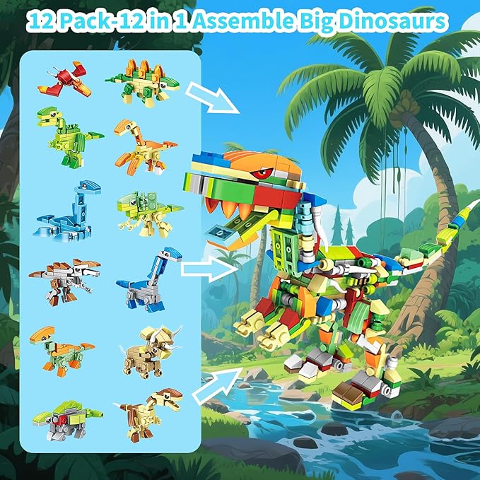 Dinosaur Party Favors for Kids, 24 Packs Mini Dinosaur Building Blocks Toy Animals Building Sets, Dino Carnival Goodie Bags Fillers, Classroom Prizes Christmas Birthday Gifts for Student,Kid Age 6-12