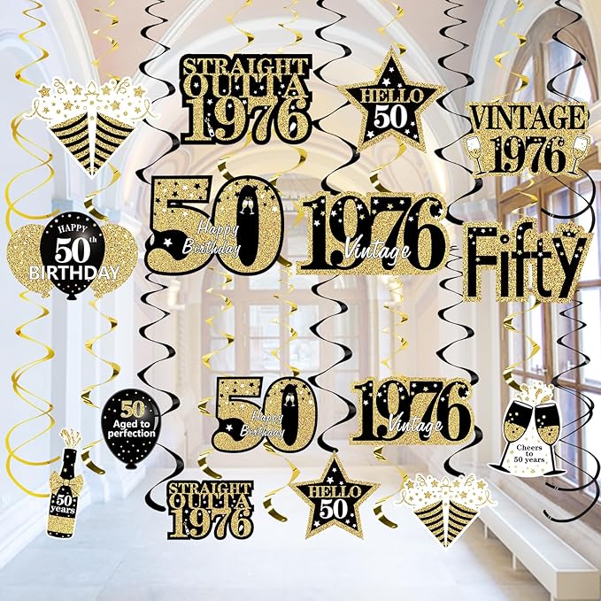 Turypaty 50th Birthday Decorations Hanging Swirls for Men Women, Black Gold Vintage 1976 50th Birthday Foil Swirls Party Supplies, Fifty Year Old Birthday Ceiling Hanging Decorations