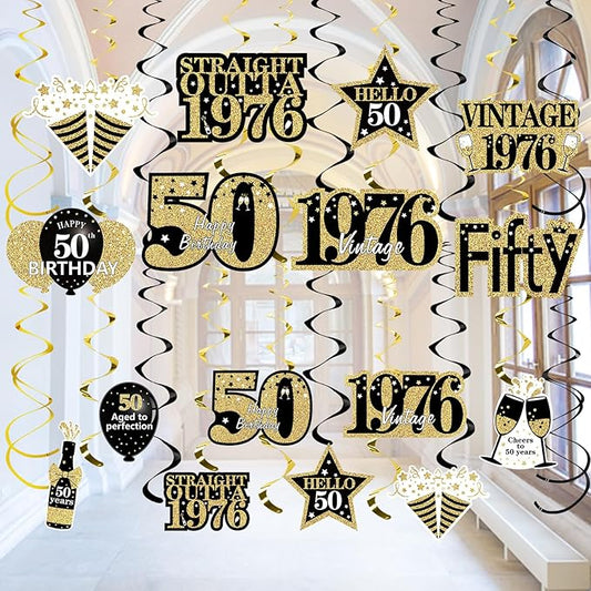 Turypaty 50th Birthday Decorations Hanging Swirls for Men Women, Black Gold Vintage 1976 50th Birthday Foil Swirls Party Supplies, Fifty Year Old Birthday Ceiling Hanging Decorations