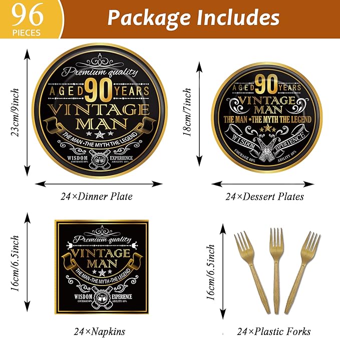 Wiooffen 96 Pcs Vintage 90th Party Tableware Set Back in 1936 90th Theme Birthday Party Table Decoration Supplies Cheers to 90 Years Paper Plate Napkin Fork 24 Guests for Men