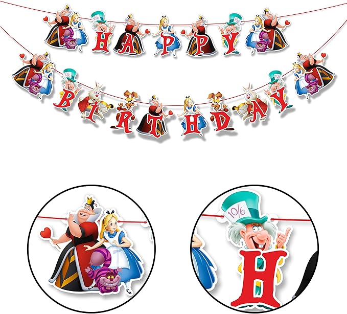 "Alice in Wondrland Happy Birthday Banner – Whimsical Fairy Tale Birthday Party Decoration – Colorful Hanging Banner for Girls & Boys Themed Party, Dessert Table, High Chair, and Photo Backdrop"
