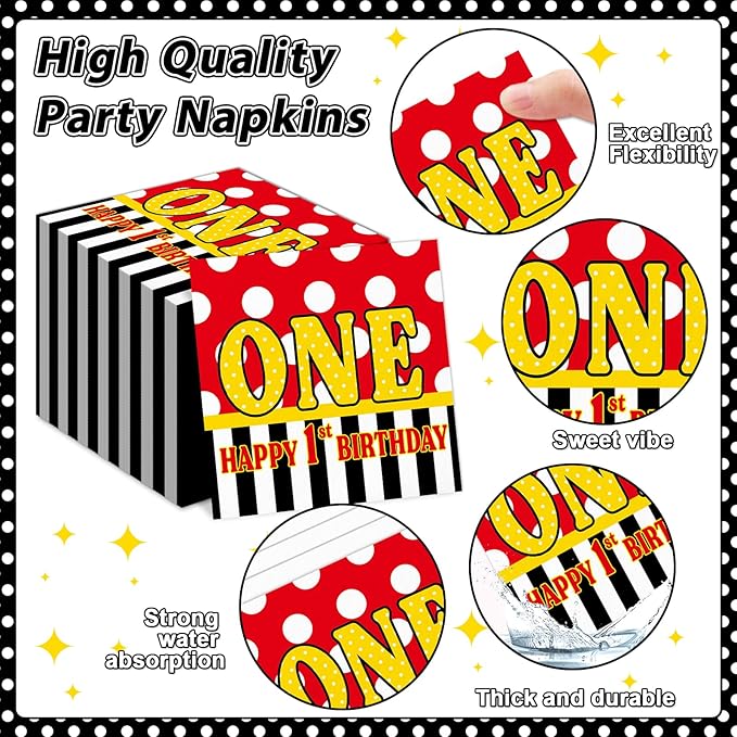 MinFyberd 96 Pcs Mouse 1st Birthday Party Plates and Napkins Set Cartoon Mouse Party Decorations Red Black Yellow Paper Dessert Plates Polka Dot Tableware Set for Boys Girls 24 Guests