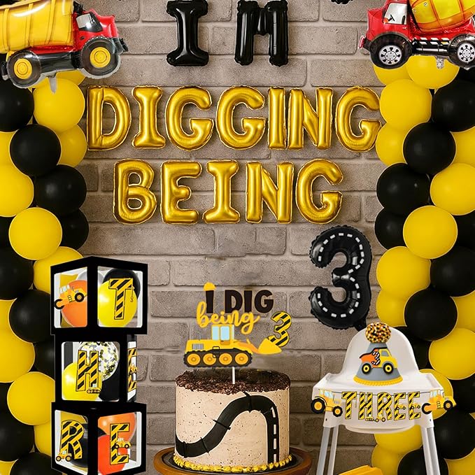 345 Pcs Construction 3rd Birthday Party Supplies, Dump Truck Three Years Old Party Decorations Include Backdrop, Balloons Box, Hanging Swirls, Hat, Tablecloth, Plates, Cake Toppers, Balloons Garland