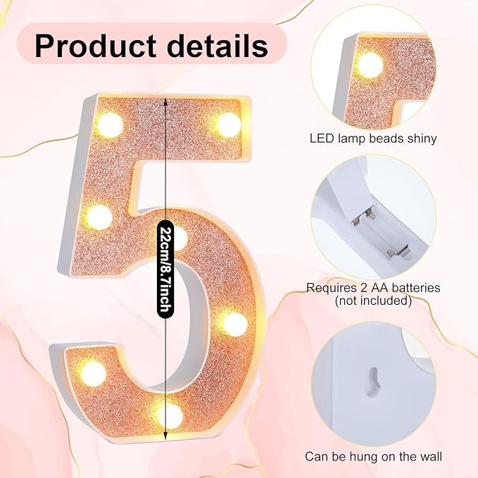 Treela 8.7'' Birthday Decorative LED Light up Numbers, Glitter Marquee Number Sign for Night Birthday Party Decorations Anniversary Bar LED Sign Backdrop Wall Table Centerpieces(50th,Rose Gold)
