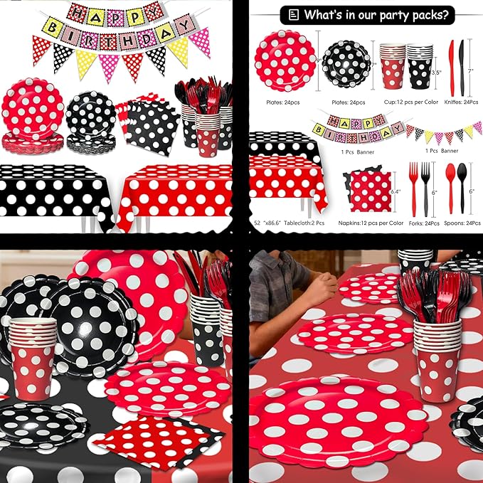 NAIWOXI Round Dot Party Supplies Tableware - Cute Black Red Round Dot Birthday Party Decoration For Girls，Plates, Napkins, Cups, Tableware, Birthday Party Decoration For Boy | 24 Guests