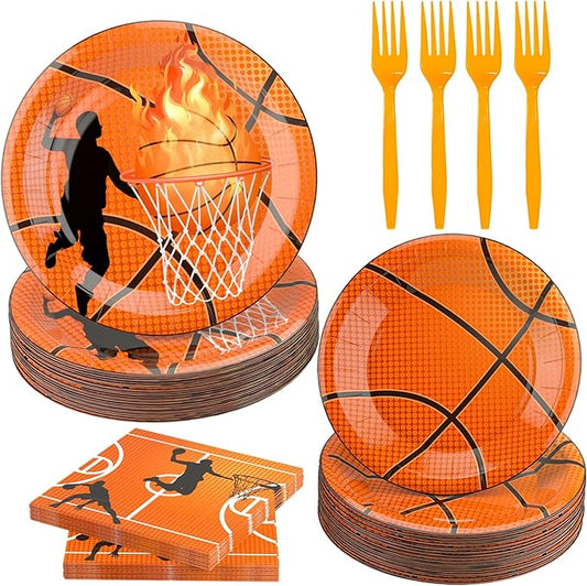 120 Pcs Basketball Party Supplies Bundle Paper Plates Napkins Forks Basketballs Party Birthday Decorations For Kids Serves 30