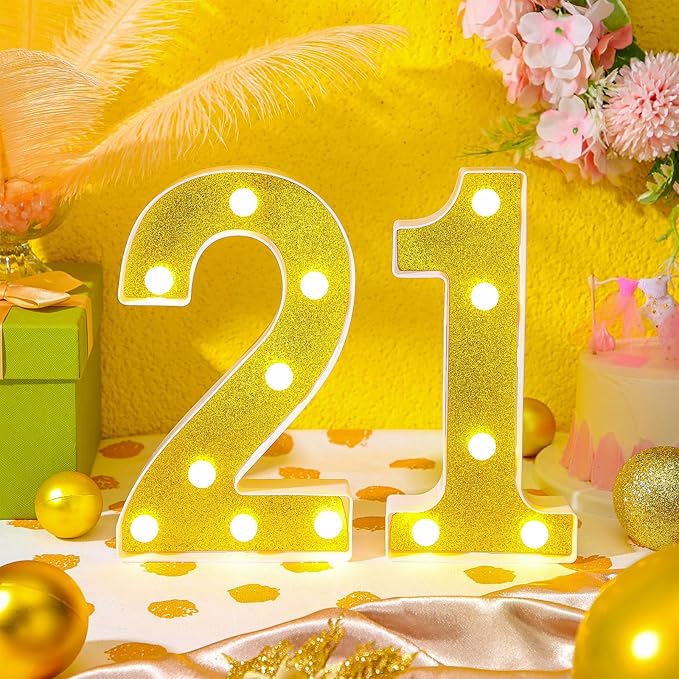 Treela 8.7'' Birthday Decorative LED Light up Numbers, Glitter Marquee Number Sign for Night Birthday Party Decorations Anniversary Bar LED Sign Backdrop Wall Table Centerpieces(21st,Gold)
