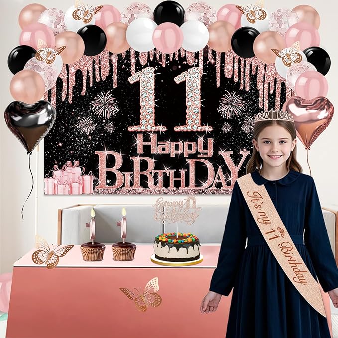 11th Birthday Decorations for Girls, 49pcs Black Rose Gold Black Banner, Tablecloth, Butterfly Decor, 11th Birthday Sash and Tiara, Cake Topper, Candles, Balloons Arch