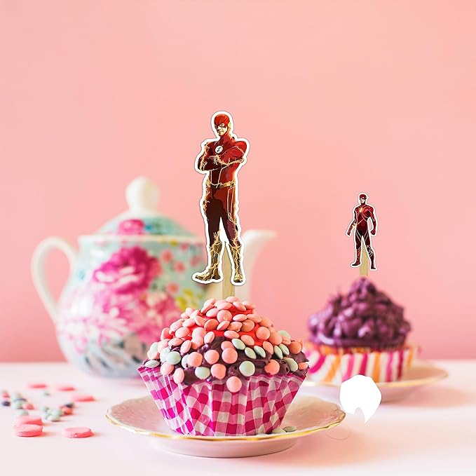 "Flsh Cupcake Topper – Superhero Theme Birthday Party Cupcake Picks for Boys and Girls – Red and Yellow Lightning Bolt Dessert Decorations for Birthday Parties, Events, and Themed Celebrations"