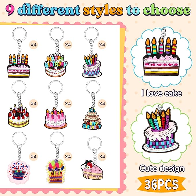 Sasylvia 36 Pcs Birthday Cake Party Favors Birthday Cake Keychain Gifts Cute Party Decorations for Women Men Accessories