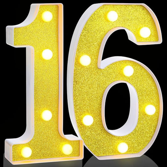 Treela 8.7'' Birthday Decorative LED Light up Numbers, Glitter Marquee Number Sign for Night Birthday Party Decorations Anniversary Bar LED Sign Backdrop Wall Table Centerpieces(16th,Gold)