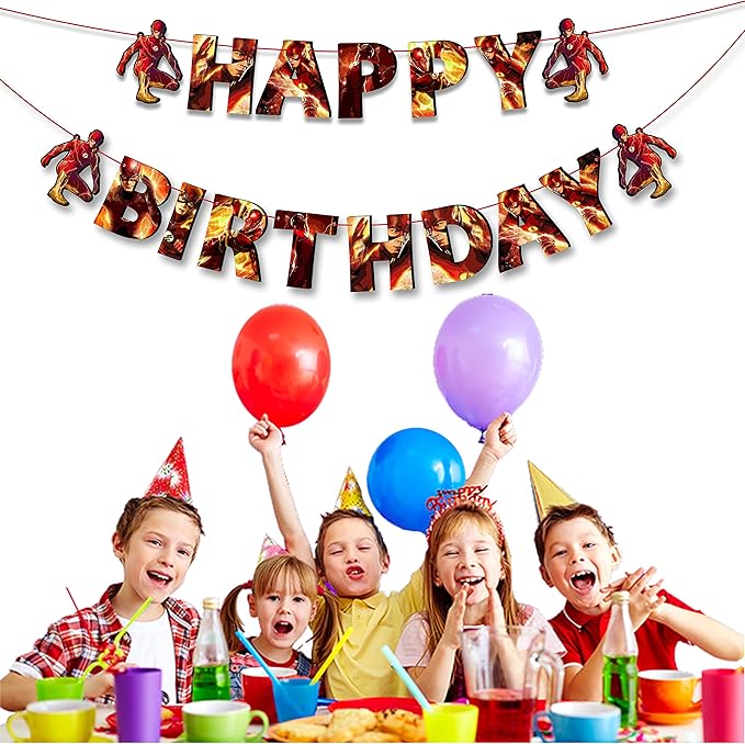 "Flsh Happy Birthday Banner – Superhero Theme Party Decoration for Boys and Girls – Vibrant Lightning Bolt Design Hanging Banner for Birthday Celebrations, Comic Hero Parties, and Photo Backdrops"