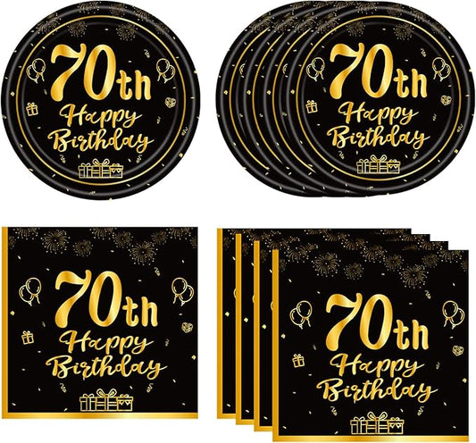 40PCS 70th Birthday Decorations,70th Party Tableware Set Paper Plate Napkin,Black Gold Vintage 1955 Aged to Perfection Table Party Supplies, 70 Year Old Birthday Party Decor for Women Men