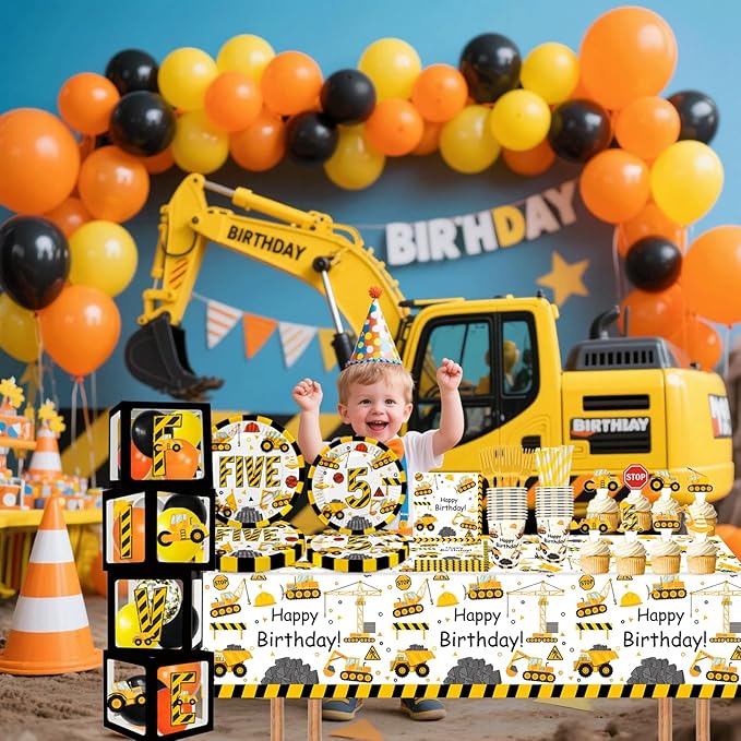 345 Pcs Construction 5th Birthday Party Supplies, Dump Truck Five Years Old Party Decorations Include Backdrop, Balloons Box, Hanging Swirls, Tablecloth, Plates, Cake Toppers, Balloons Garland Kit