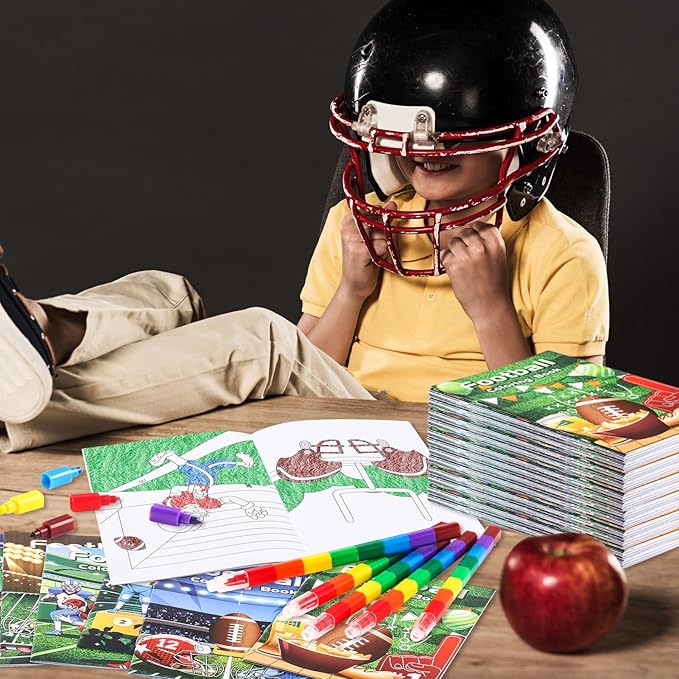 BenLouis 24 Pcs Football Mini Coloring Books Kids Football Theme Party Favors Small Activity Books Bulk for Kids Super Football Bowl Birthday Goodie Bags Stuffers Return Gifts Classroom Travel