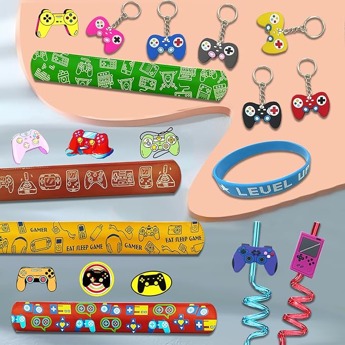 QZYCMHOO 110PCS Video Game Party Favors Gamer Birthday Party Supplies with Reusable Drinking Straws Keychains Game Boxes Gift Goodie Treat Bag Fillers Gaming Party Favors