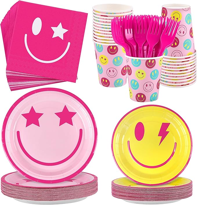 Kochorie 144 Pieces Preppy Smile Party Tableware Sets Including Disposable Plates Napkins Cups Forks Serves 24 for Smile Face Party Birthday Baby Shower Decor Party Supplies