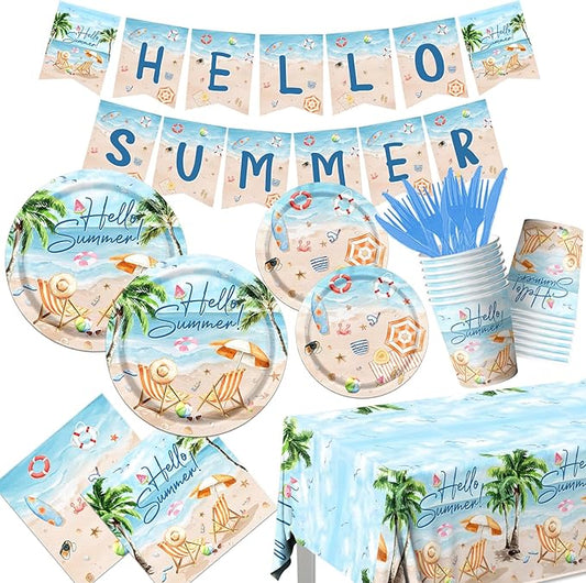 Beach Party Decorations,142pcs Hello Summer Party Tableware Set Summer Plates and Napkins Cups Tablecloth Supplies Pool Party Supplies for Summer Themed Party Decorations