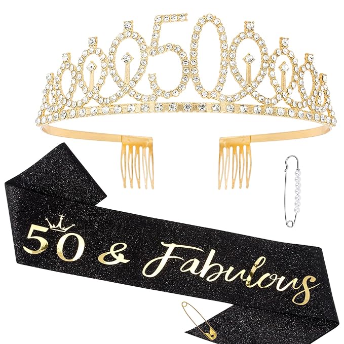 "50 & Fabulous" Birthday Tiara and Sash Kit- 50th Birthday Gifts for Women 50th Birthday Party Decorations (black)