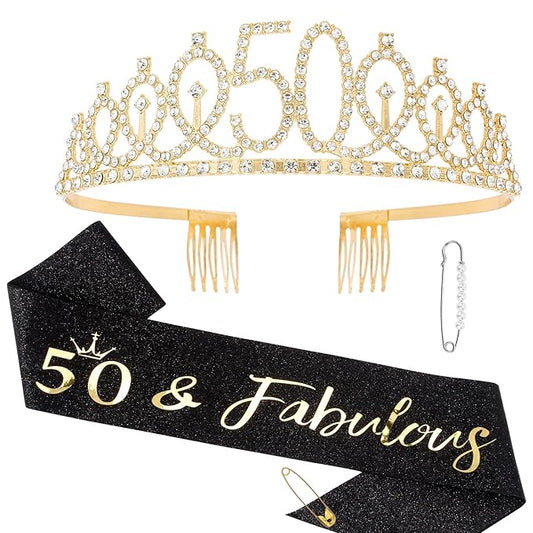 "50 & Fabulous" Birthday Tiara and Sash Kit- 50th Birthday Gifts for Women 50th Birthday Party Decorations (black)