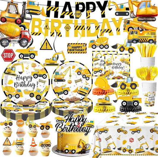 Construction Birthday Party Supplies - Plates, Napkins, Cups, Cutlery, Banner, Hanging Swirls, Honeycomb Centerpieces, Tablecloth, Folil Balloons for Boy Construction Party Decorations, Serves 24