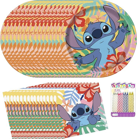Stitch Party Supplies Pack for 16 Guests – Includes 9" Plates & Luncheon Napkins, Birthday Candles – Lilo and Stitch Birthday Decorations for Girls & Boys – Cute Hawaiian Party Tableware Set