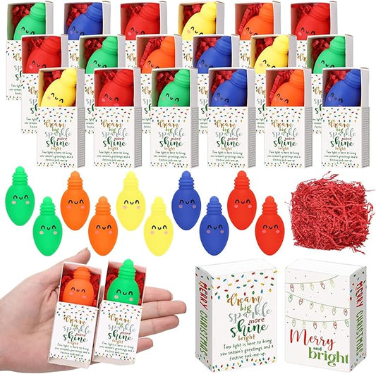 Wettarn 20 Sets Christmas Positive Gifts Light Bulb Stress Balls with Support Gift Boxes Bulk Merry Christmas Party Favors for Employee Coworker Friends Office Relief Toys Stocking Stuffers
