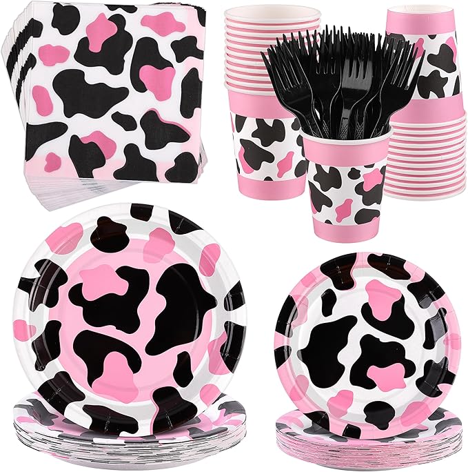 Kochorie 144 Pieces Pink Cow Print Party Tableware Sets Including Disposable Plates Napkins Cups Forks Serves 24 for Cow Theme Farm Animal Party Supplies