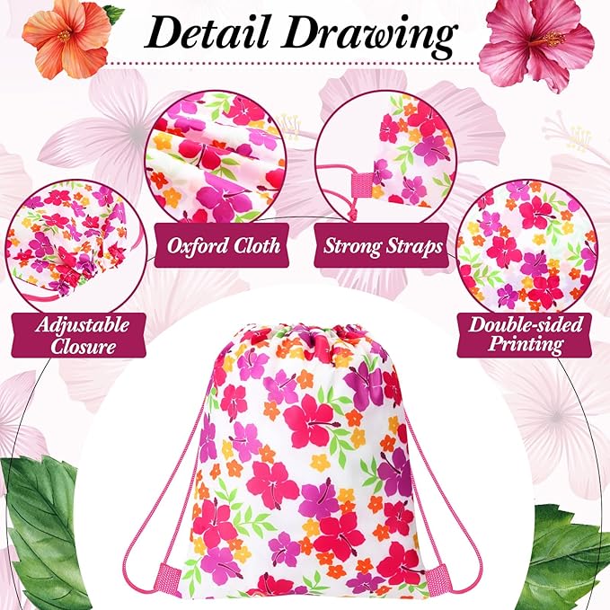 Teling Hibiscus Party Favors Bags Drawstring Luau Bag Tropical Gift Bags for Birthday Baby Shower Party Favor Packs(24 Pcs, Vivid Style)