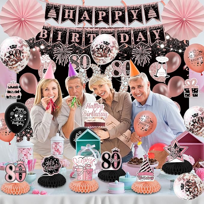 80th Birthday Decorations for Women - Rose Gold 37Pcs Golden Years Celebration Party Kit with Banner, Backdrop, Tiara, Sash, Cake Topper, Latex Balloons, Hanging Swirls, Centerpieces | Party Supplies