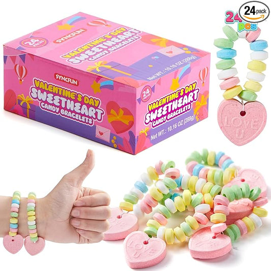 SYNCFUN 24PCS Candy Bracelets, Valentines Day Color Individually Wrapped, Snacks Tiny Classroom Exchange Gift for Kids, Party Favor, Holiday Reward Prizes