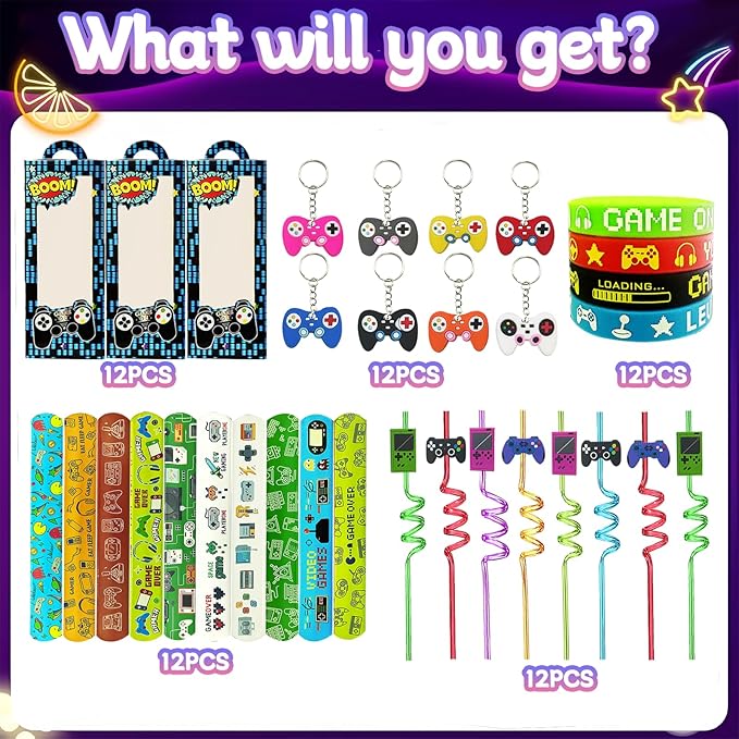 QZYCMHOO 110PCS Video Game Party Favors Gamer Birthday Party Supplies with Reusable Drinking Straws Keychains Game Boxes Gift Goodie Treat Bag Fillers Gaming Party Favors