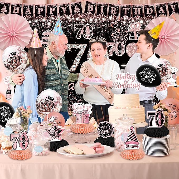 70th Birthday Decorations for Women - Rose Gold 37Pcs Platinum Celebration Party Kit with Banner, Backdrop, Tiara, Sash, Cake Topper, Latex Balloons, Hanging Swirls, Centerpieces | Party Supplies