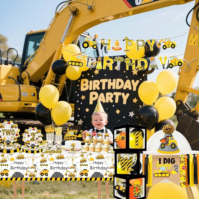 345 Pcs Construction 2nd Birthday Party Supplies, Dump Truck Two Years Old Party Decorations Include Backdrop, Balloons Box, Hanging Swirls, High Chair Banner, Hat, Tablecloth, Plates, Cake Toppers
