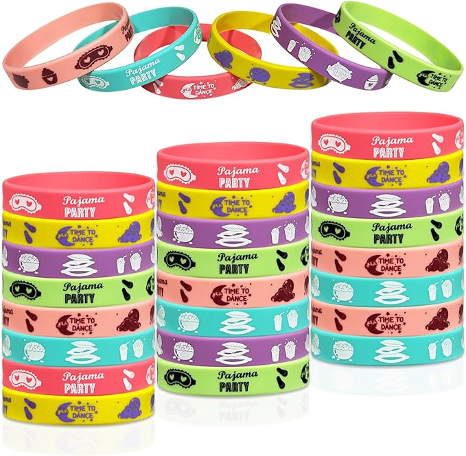 FSHANEE Pajama Sleepover Rubber Bracelets Party Supplies Pajama Party Favors Silicone Wristbands Pajama Themed Birthday Party Decorations Counts of 24