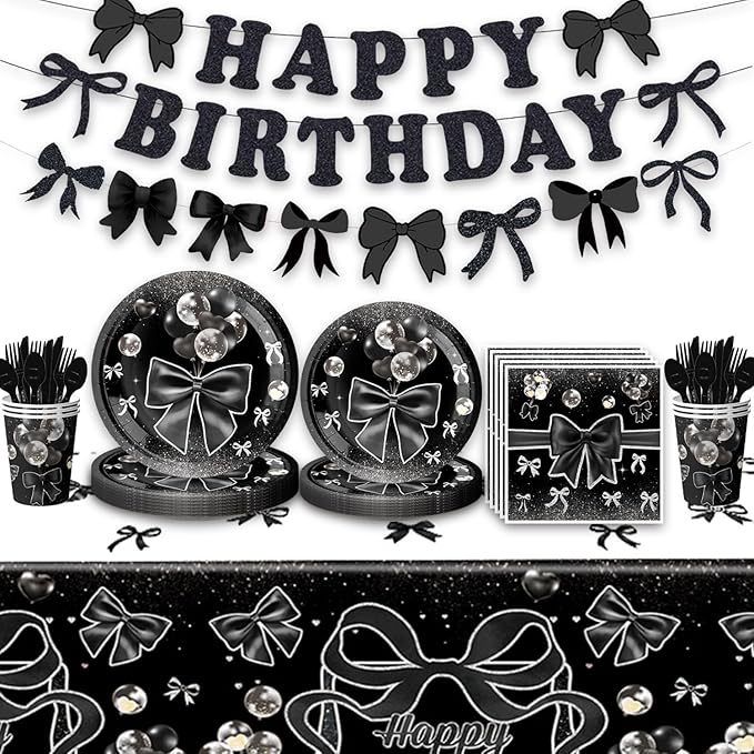 171Pcs Black Silver Bow Birthday Party Decorations for 20 Guests - Black Silver Bow Tableware Plates Napkins Forks Cups Straws Tablecloch for Baby Shower Birthday Party Decorations