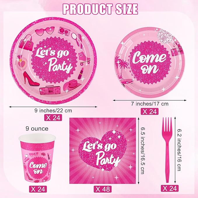 Kochorie 144 Pieces Let's Go Party Tableware Sets Including Disposable Plates Napkins Cups Forks Serves 24 for Birthday Disco Pink Girl Party Supplies
