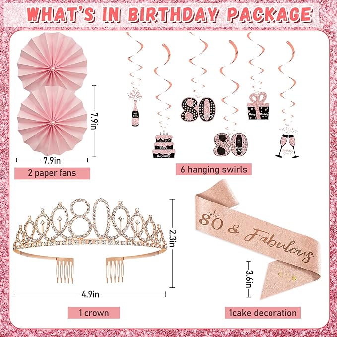 80th Birthday Decorations for Women - Rose Gold 37Pcs Golden Years Celebration Party Kit with Banner, Backdrop, Tiara, Sash, Cake Topper, Latex Balloons, Hanging Swirls, Centerpieces | Party Supplies