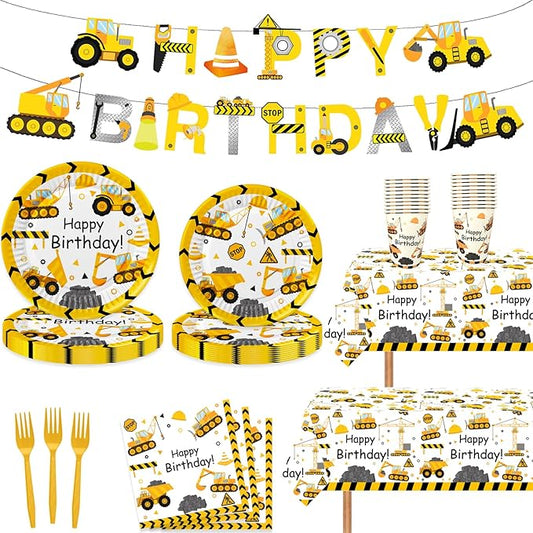 118 Pcs Construction Birthday Party Decorations Dump Truck Paper Plates Napkins Forks Cups Tablecloth Banner Dinnerware for Construction Baby Shower 1st 2nd 3rd 4th Birthday Party Supplies