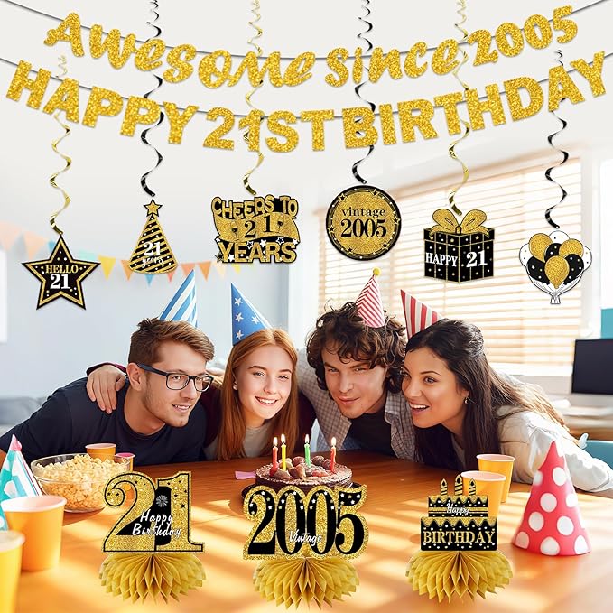Kuxriox 11Pcs 21st Birthday Decorations Kit for Men Women, Black Gold Happy 21st Birthday Banner, Awesome Since 2005 Centerpieces Swirls Party Supplies, Twenty-one Bday Banner Ceiling Table Topper Sign