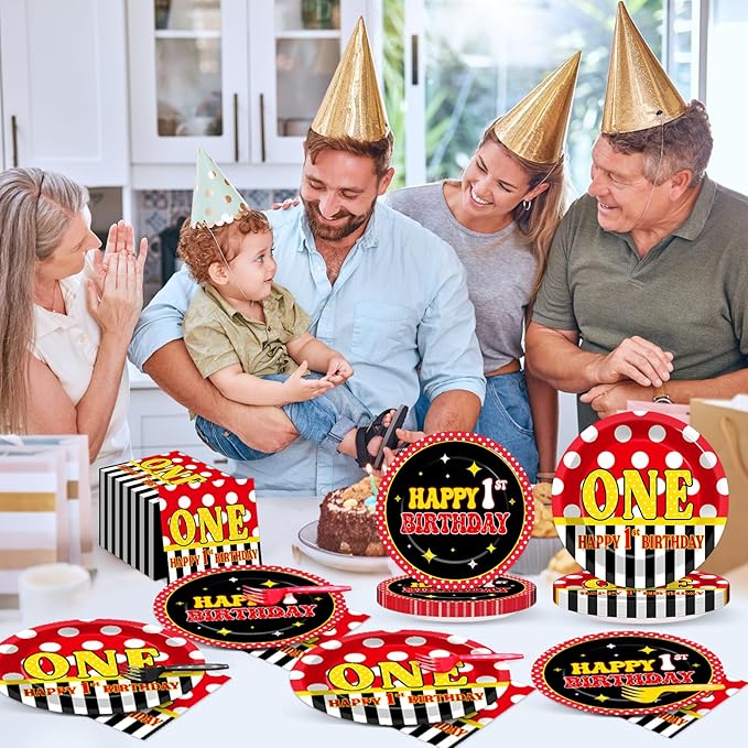 MinFyberd 96 Pcs Mouse 1st Birthday Party Plates and Napkins Set Cartoon Mouse Party Decorations Red Black Yellow Paper Dessert Plates Polka Dot Tableware Set for Boys Girls 24 Guests