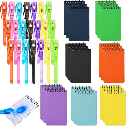 Hoarost 42 Pcs Secret Party Favors Includes 21 Pcs Invisible Ink Pen with UV Light and 21 Pcs Mini Spiral Notebook for Secret Message Themed Party Game Prizes Goodie Bag Fillers