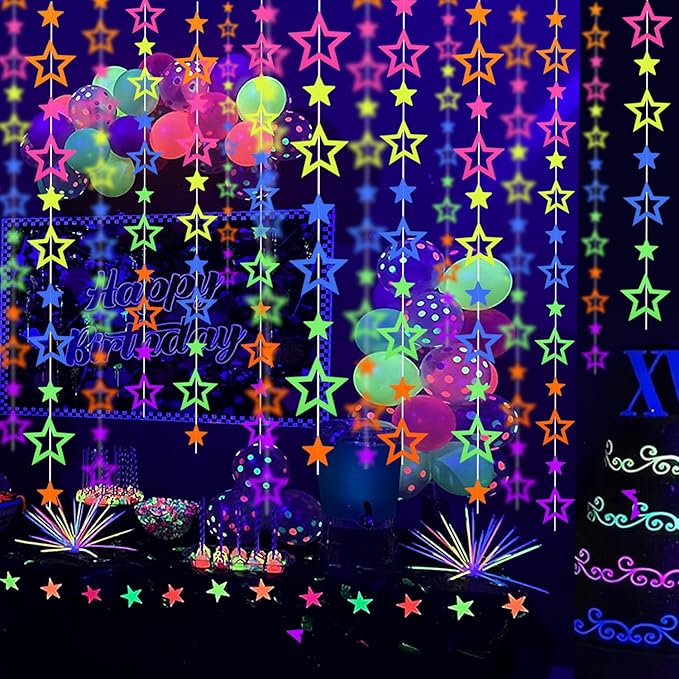 126feet UV Neon Streamers Hollowed Star Hanging Paper Glow Garland Neon Glow in The Dark Party Supplies and Decorations Blacklight Reactive Fluorescent Black Light Party Kit for Birthday Wedding