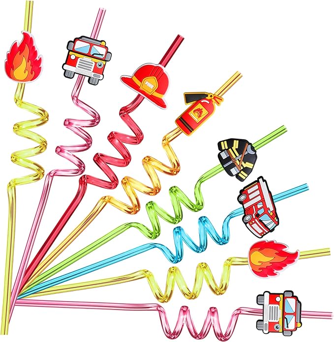 24 Fire Truck Party Favors Drinking Straws for Fire Truck Birthday Party Supplies with 2 PCS Straws Cleaning Brush