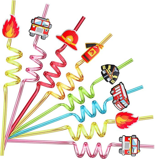 24 Fire Truck Party Favors Drinking Straws for Fire Truck Birthday Party Supplies with 2 PCS Straws Cleaning Brush