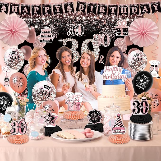 30th Birthday Decorations for Women - Rose Gold 37Pcs Complete Party Kit with Banner, Backdrop, Tiara, Sash, Cake Topper, Latex Balloons, Hanging Swirls, Centerpieces | Birthday Party Supplies