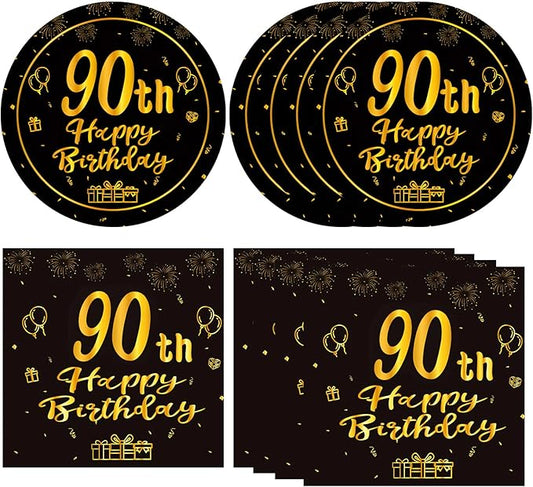 40PCS 90th Birthday decorations 90th Theme Birthday Party Tableware Vintage 1935 Party Supplies 90 Year Old Birthday Party Decorations Plates Napkins Black and Gold Dinnerware Favors for Men Women